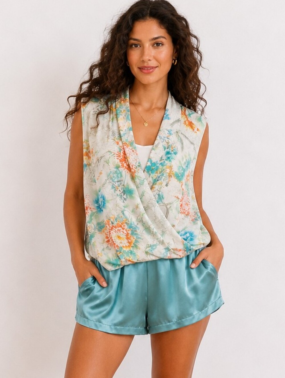 Kut From The Kloth Floral Surplice Tank Blouse Sleeveless Top